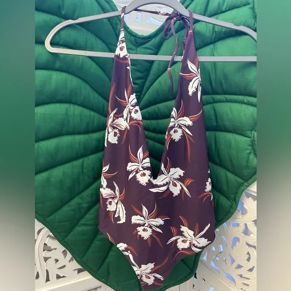 NWT Mikoh hinano one piece orchid print swimsuit. Hygienic liner on. Burgundy - Picture 1 of 6